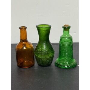 Antique Green POISON Bottle w Cork + Amber Apothecary & Hobnail Vase Lot of 3